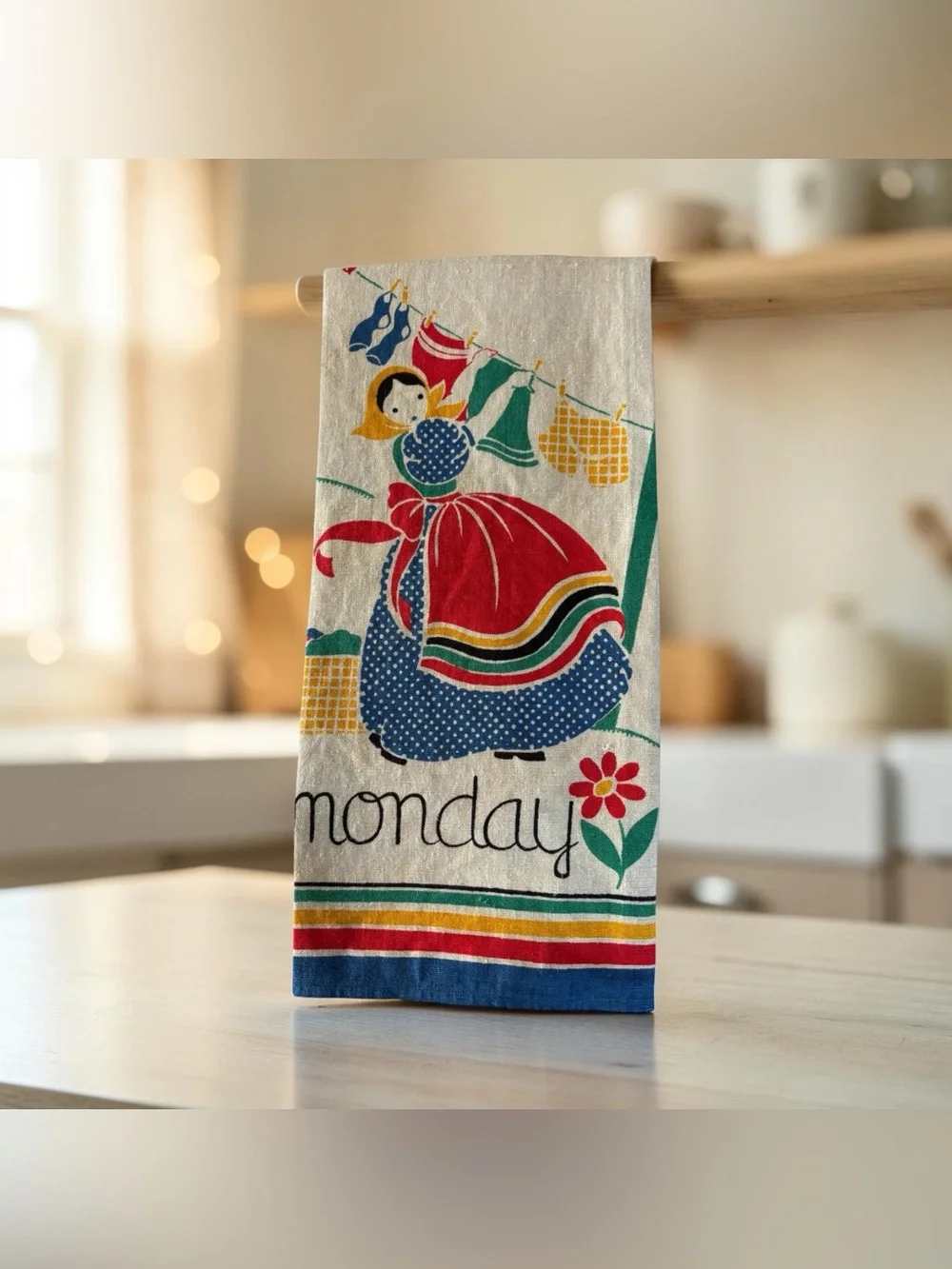 MCM Quality Linens Pure Linen Tea Towel Days Of The Week “Monday” Dutch Girl
